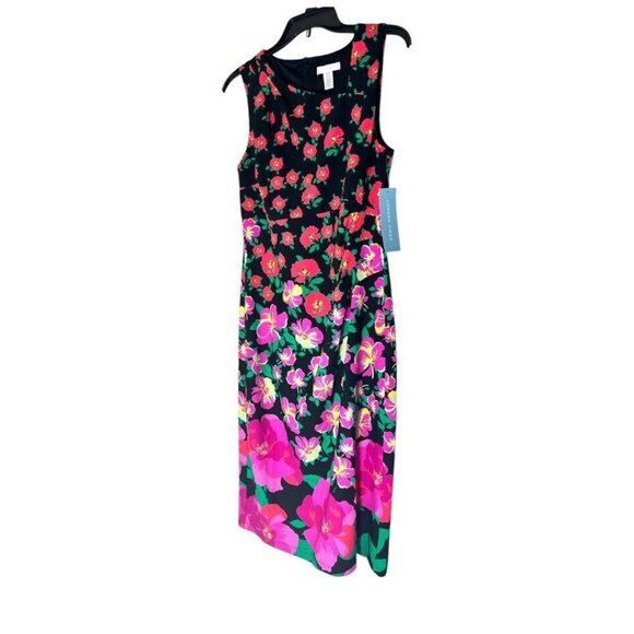 London Times Womens Black Floral Asymmetrical Neck Midi Sheath Dress Sz 10 New - Picture 2 of 7